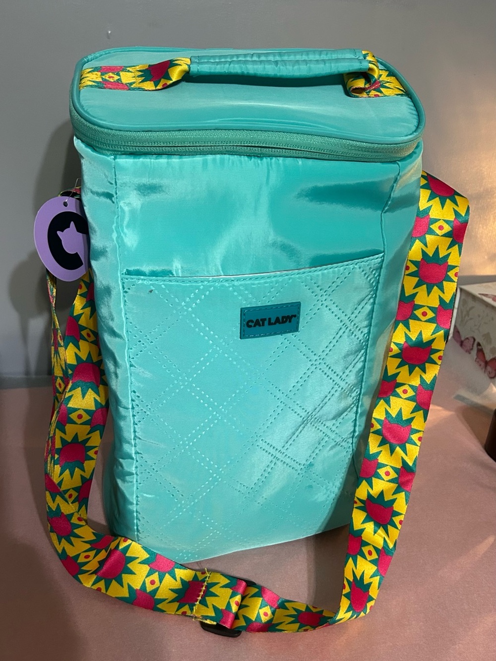 Cat Lady Turquoise Cooler Bag with Colorful Strap Insulated Lunch Tote